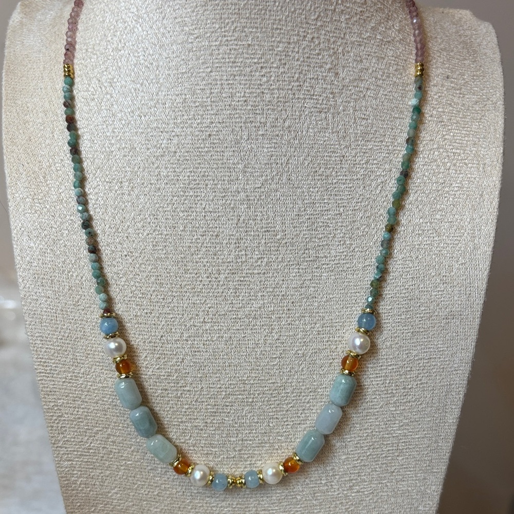 Genuine Aquamarine Turquoise Pearl Gemstone Necklace Stainless Steel